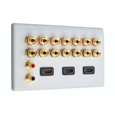 White Slimline 7.2 Speaker Wall Plate + 3 x HDMI's - 14 Terminals + 2 x RCA's - Rear Solder tab Connections