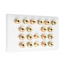 White Slim Line 9.2 Speaker Wall Plate 18 Terminals + 2 x RCA Phono Socket - Two Gang - No Soldering Required