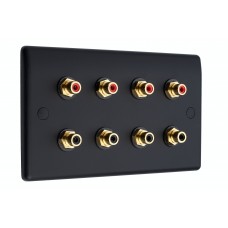 Matt Black Slimline 8 x RCA Phono Audio Surround Sound Wall Face Plate - Rear Solder tab Connections