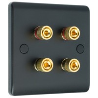 Matt Black Slimline 4 Binding Post Speaker Wall Plate - 4 Terminals - Rear Solder tab Connections