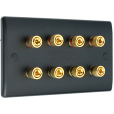 Matt Black Slimline 4.0 - 8 Binding Post Speaker Wall Plate - 8 Terminals - Rear Solder tab Connections