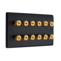Matt Black Slimline 6.0 - 12 Binding Post Speaker Wall Plate - 12 Terminals - Rear Solder tab Connections