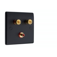 Matt Black Slimline 1.1 Speaker Wall Plate - 2 Terminals + RCA - Rear Solder tab Connections