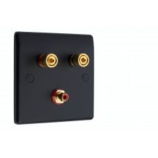 Matt Black Slimline 1.1 Speaker Wall Plate - 2 Terminals + RCA - Rear Solder tab Connections