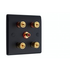 Matt Black Slimline 2.1 Speaker Wall Plate - 4 Terminals + RCA - Rear Solder tab Connections