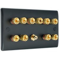 Matt Black Slimline 5.1 Speaker Wall Plate - 10 Terminals + RCA - Rear Solder tab Connections
