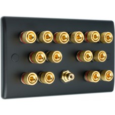 Matt Black Slimline 7.1 Speaker Wall Plate - 14 Terminals + RCA - Rear Solder tab Connections