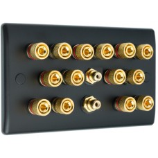 Matt Black Slimline 7.2 Speaker Wall Plate - 14 Terminals + 2 x RCA's - Rear Solder tab Connections