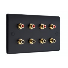 Slim Line Matt Black - 8 x RCA Phono Audio Wall Plate - 8 Terminal - No Soldering Required