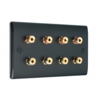 SlimLine Matt Black 8 Binding Post Speaker Wall Plate - 8 Terminals - No Soldering Required