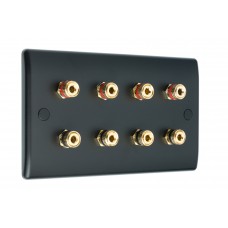 SlimLine Matt Black 8 Binding Post Speaker Wall Plate - 8 Terminals - No Soldering Required