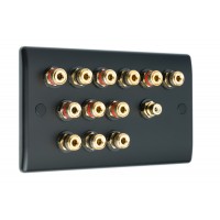 Matt Black 6.1 Slim Line One Gang Speaker Wall Plate 12 Terminals + RCA Phono Socket - No Soldering Required