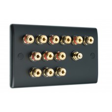 Matt Black 6.1 Slim Line One Gang Speaker Wall Plate 12 Terminals + RCA Phono Socket - No Soldering Required