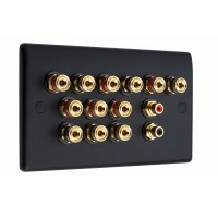 Matt Black 6.2 Slim Line One Gang Speaker Wall Plate 12 Terminals + 2 x RCA Phono Sockets - No Soldering Required