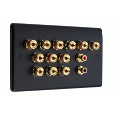 Matt Black 6.2 Slim Line One Gang Speaker Wall Plate 12 Terminals + 2 x RCA Phono Sockets - No Soldering Required