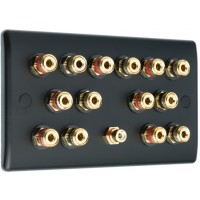 Matt Black 7.1 Slim Line Two Gang Speaker Wall Plate 14 Terminals + RCA Phono Socket - No Soldering Required