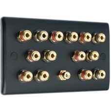 Matt Black 7.1 Slim Line Two Gang Speaker Wall Plate 14 Terminals + RCA Phono Socket - No Soldering Required