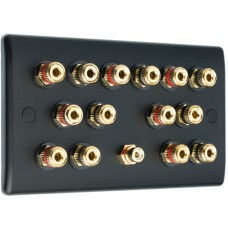 Matt Black 7.1 Slim Line One Gang Speaker Wall Plate 14 Terminals + RCA Phono Socket - No Soldering Required