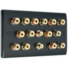 Matt Black 7.2 Slim Line One Gang Speaker Wall Plate 14 Terminals + 2 x RCA Phono Sockets - No Soldering Required