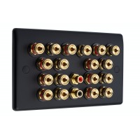 Matt Black 9.2 Slim Line One Gang Speaker Wall Plate 18 Terminals + 2 x RCA Phono Sockets - No Soldering Required