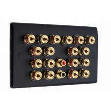 Matt Black 9.2 Slim Line One Gang Speaker Wall Plate 18 Terminals + 2 x RCA Phono Sockets - No Soldering Required