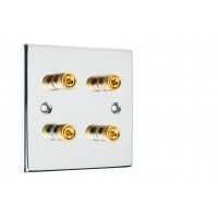 Chrome Polished Flat plate 4 Binding Post Speaker Wall Plate - 4 Terminals - Rear Solder tab Connections