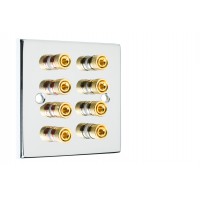 Chrome Polished Flat plate 4.0 - 8 Binding Post Speaker Wall Plate - 8 Terminals - Rear Solder tab Connections