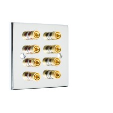 Chrome Polished Flat plate 4.0 - 8 Binding Post Speaker Wall Plate - 8 Terminals - Rear Solder tab Connections