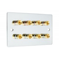 Chrome Polished Flat plate 4.0 - 8 Binding Post Speaker Wall Plate - 8 Terminals - Rear Solder tab Connections