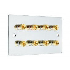 Chrome Polished Flat plate 4.0 - 8 Binding Post Speaker Wall Plate - 8 Terminals - Rear Solder tab Connections