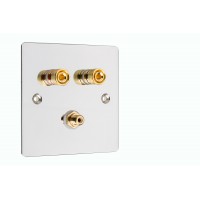 Chrome Polished Flat Plate 1.1  Speaker Wall Plate - 2 Terminals + RCA - Rear Solder tab Connections