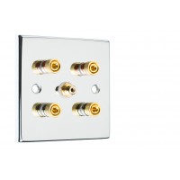 Chrome Polished Flat Plate 2.1  Speaker Wall Plate - 4 Terminals + RCA - Rear Solder tab Connections