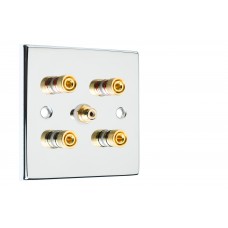 Chrome Polished Flat Plate 2.1  Speaker Wall Plate - 4 Terminals + RCA - Rear Solder tab Connections