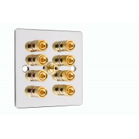 Chrome Polished Flat Plate 4.1  Speaker Wall Plate - 8 Terminals + RCA - Rear Solder tab Connections