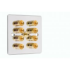 Chrome Polished Flat Plate 4.1  Speaker Wall Plate - 8 Terminals + RCA - Rear Solder tab Connections