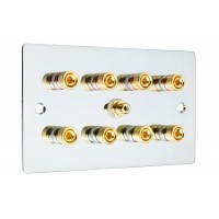 Chrome Polished Flat Plate 4.1  Speaker Wall Plate - 8 Terminals + RCA - Rear Solder tab Connections
