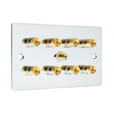 Chrome Polished Flat Plate 4.1  Speaker Wall Plate - 8 Terminals + RCA - Rear Solder tab Connections
