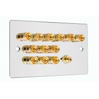 Chrome Polished Flat Plate 6.1  Speaker Wall Plate - 12 Terminals + RCA - Rear Solder tab Connections