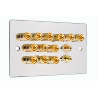 Chrome Polished Flat Plate 6.2 Speaker Wall Plate - 12 Terminals + 2 x RCA's - Rear Solder tab Connections