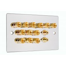 Chrome Polished Flat Plate 6.2 Speaker Wall Plate - 12 Terminals + 2 x RCA's - Rear Solder tab Connections