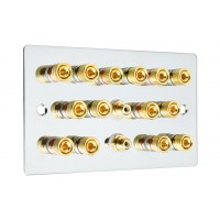 Chrome Polished Flat Plate 7.2 Speaker Wall Plate - 14 Terminals + 2 x RCA's - Rear Solder tab Connections