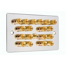 Chrome Polished Flat Plate 9.1  Speaker Wall Plate - 18 Terminals + RCA - Rear Solder tab Connections