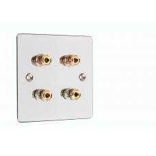 Chrome Polished Flat plate - 4 Binding Post Speaker Wall Plate - 4 Terminals - No Soldering Required
