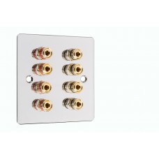 Chrome Polished Flat plate 4.0 1 gang - 8 Binding Post Speaker Wall Plate - 8 Terminals - No Soldering Required