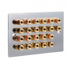 Chrome Polished Flat plate 11.0 2 Gang - 22 Binding Post Speaker Wall Plate - 22 Terminals - No Soldering Required