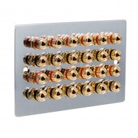 Chrome Polished Flat plate 12.0 2 Gang - 24 Binding Post Speaker Wall Plate - 24 Terminals - No Soldering Required