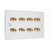 Chrome Polished Flat plate 4.0 2 Gang - 8 Binding Post Speaker Wall Plate - 8 Terminals - No Soldering Required