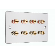 Chrome Polished Flat plate 4.0 2 Gang - 8 Binding Post Speaker Wall Plate - 8 Terminals - No Soldering Required