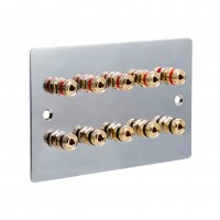 Chrome Polished Flat plate 5.0 2 Gang - 10 Binding Post Speaker Wall Plate - 10 Terminals - No Soldering Required