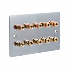 Chrome Polished Flat plate 5.0 2 Gang - 10 Binding Post Speaker Wall Plate - 10 Terminals - No Soldering Required
